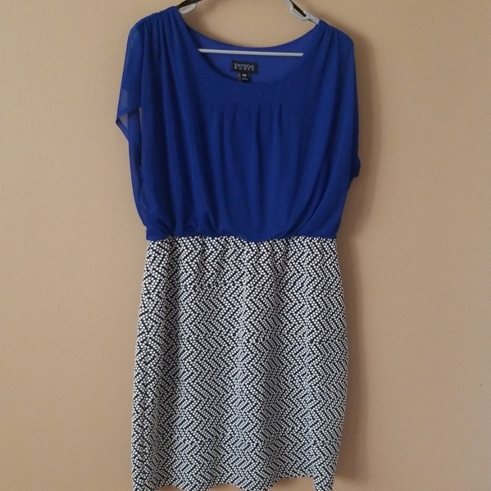 Blue and white polka dot dress